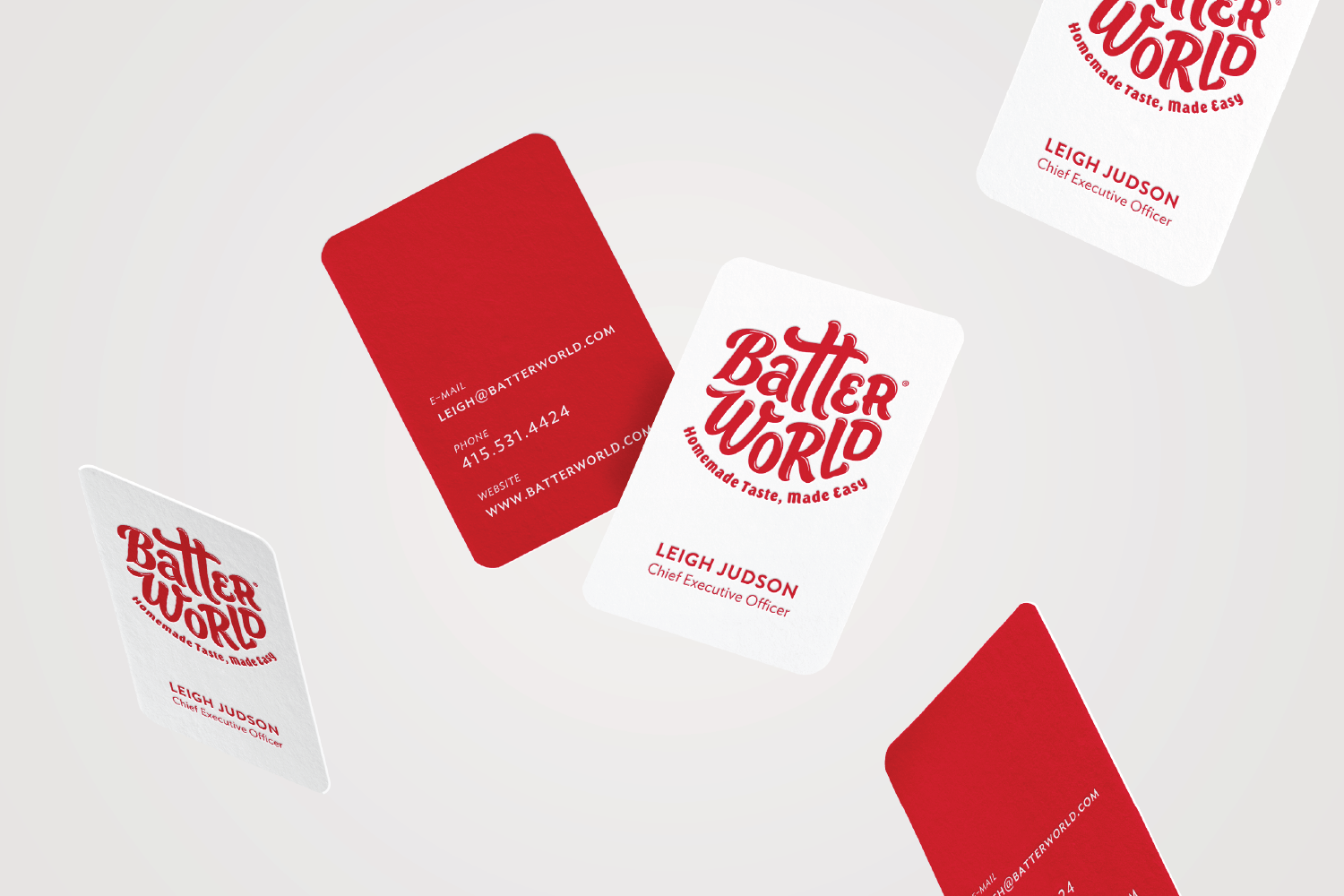 Batter World, Homemade Taste, Made Easy, business cards.