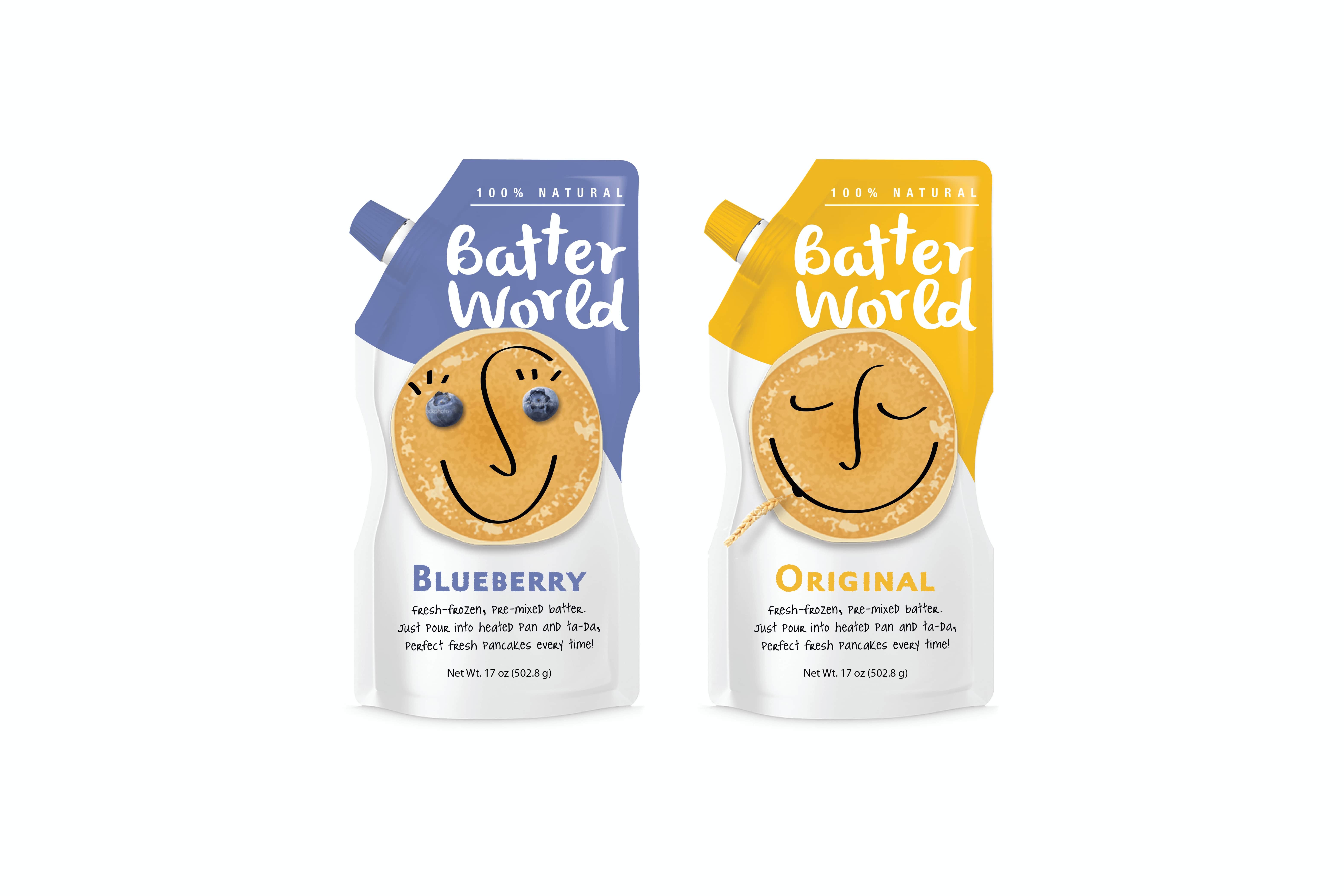 Alternate Batter World packaging design concept with happy faces made on pancakes.