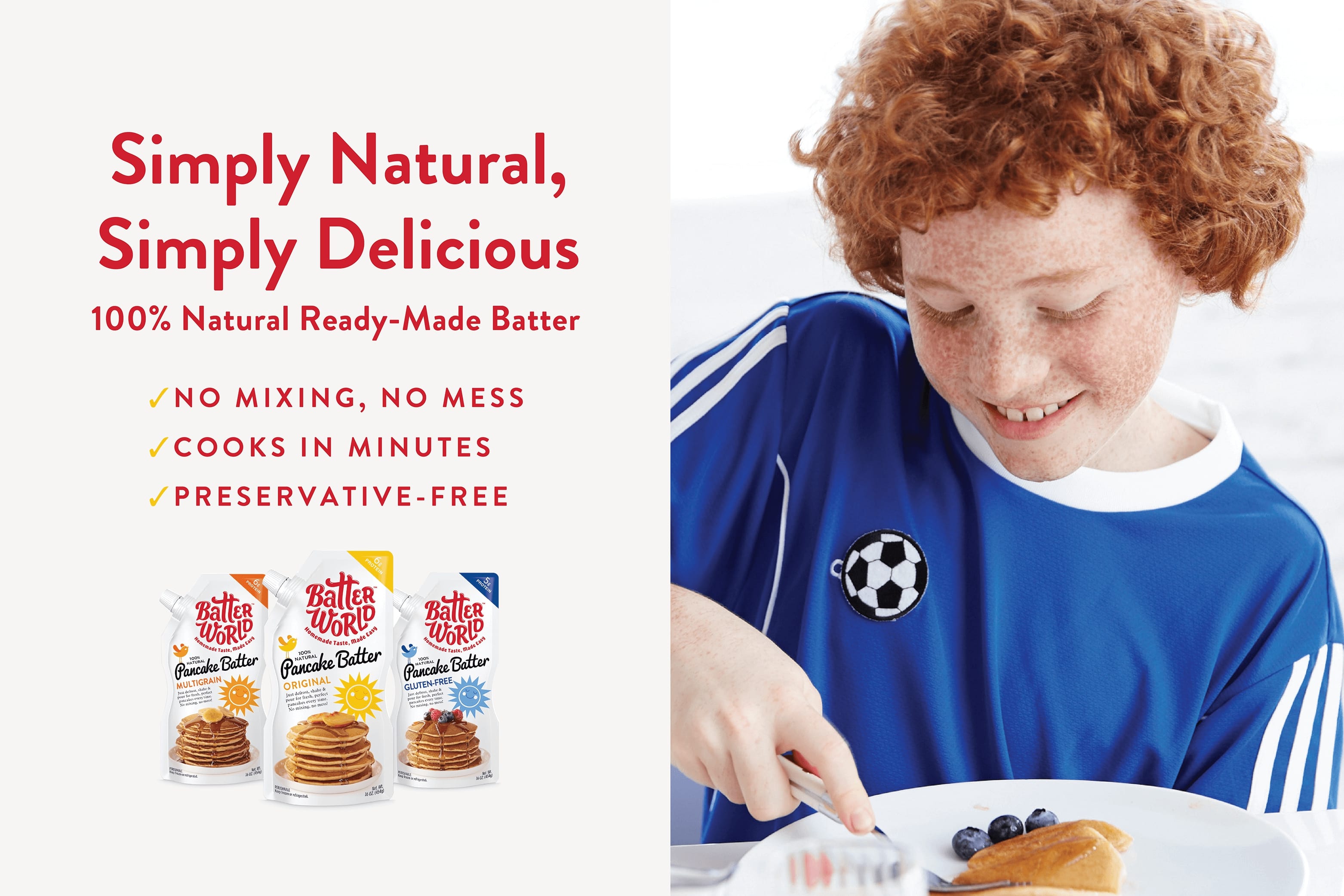 A boy enjoying a snack of pancakes before soccer practice.