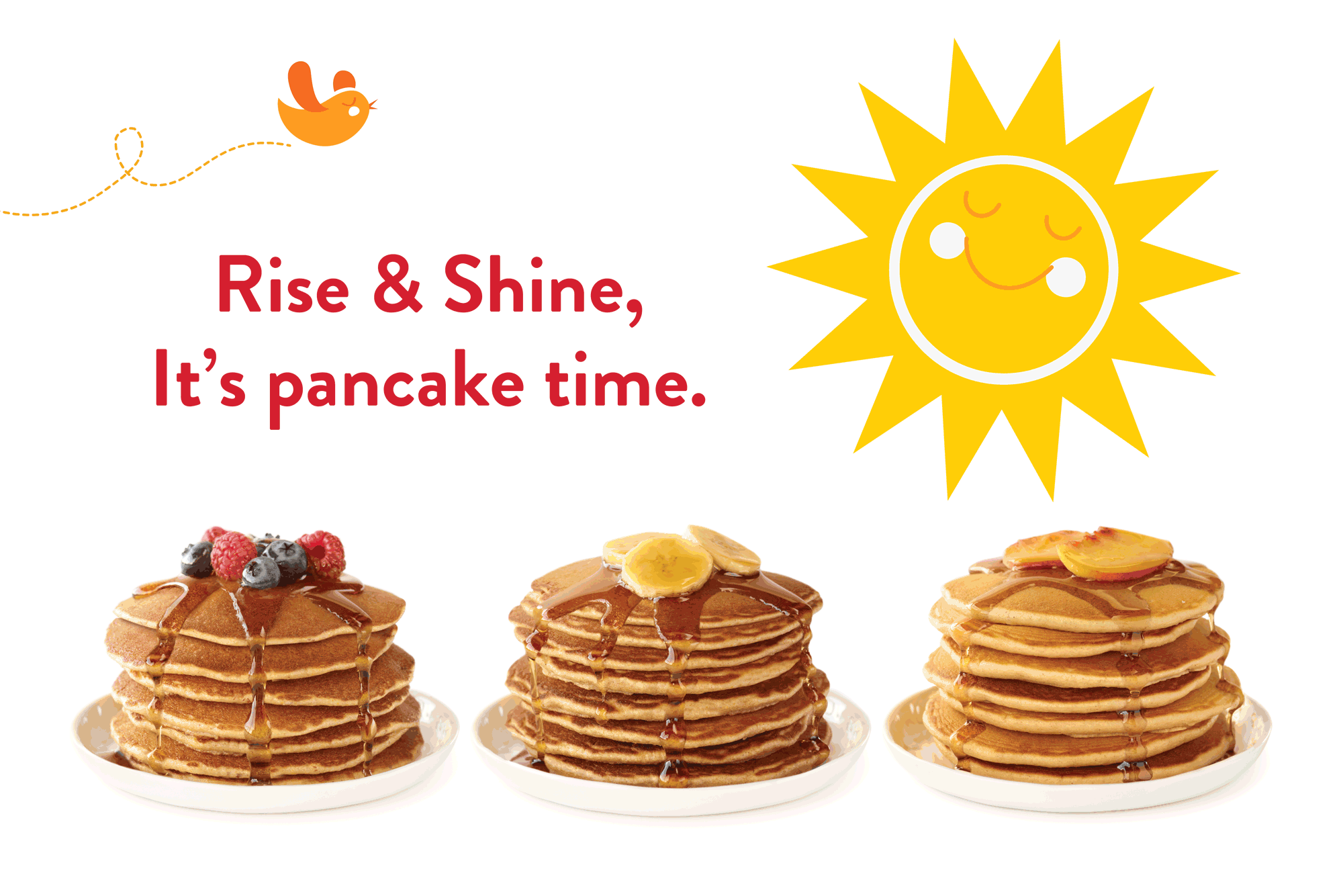 Three plates of mouthwatering stacks of pancakes topped with fresh fruit and syrup.