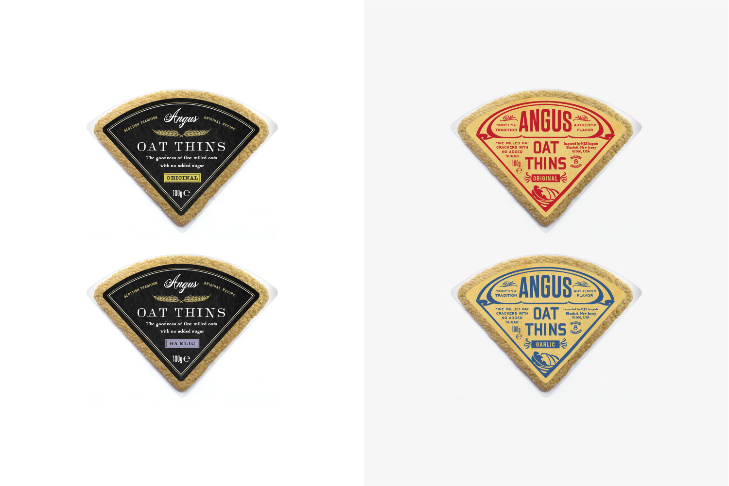 Alternate Angus Oat thins packaging design concepts leaning more artisan and homespun. 