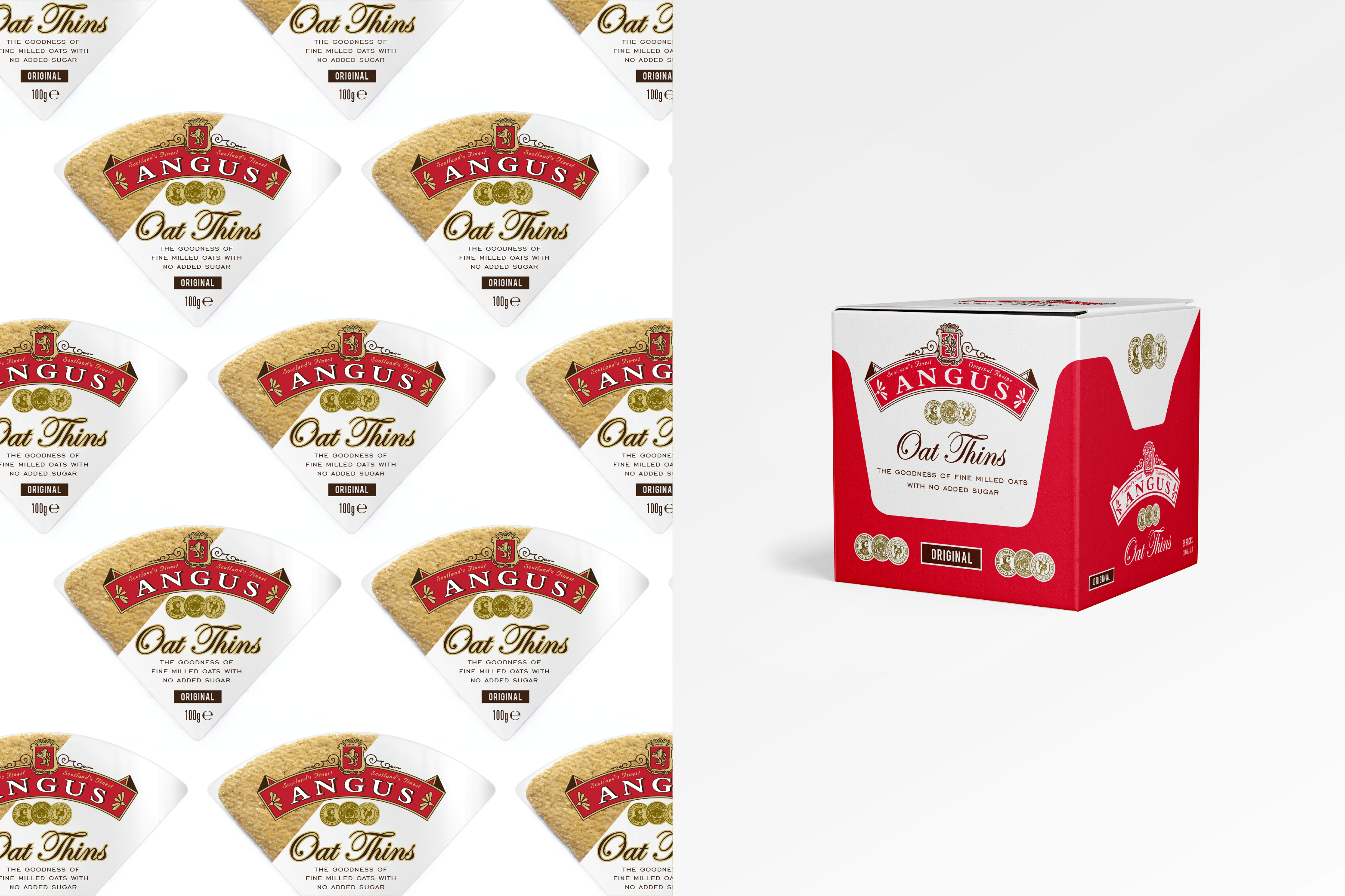 Wallpaper pattern of Angus Oat Thin cracker packages and a single display carton. 