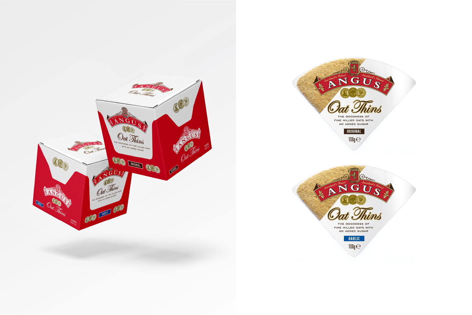 Angus Oat Thins crackers in plain and garlic with 36 pack display cartons. 