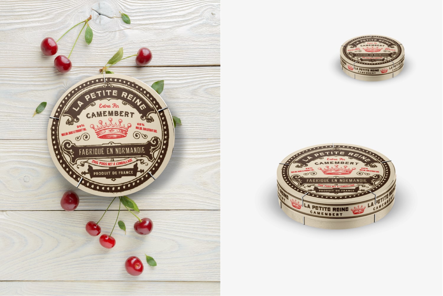 La Petite Reine Extra fin Camembert fabrique en Normandie with cherries.