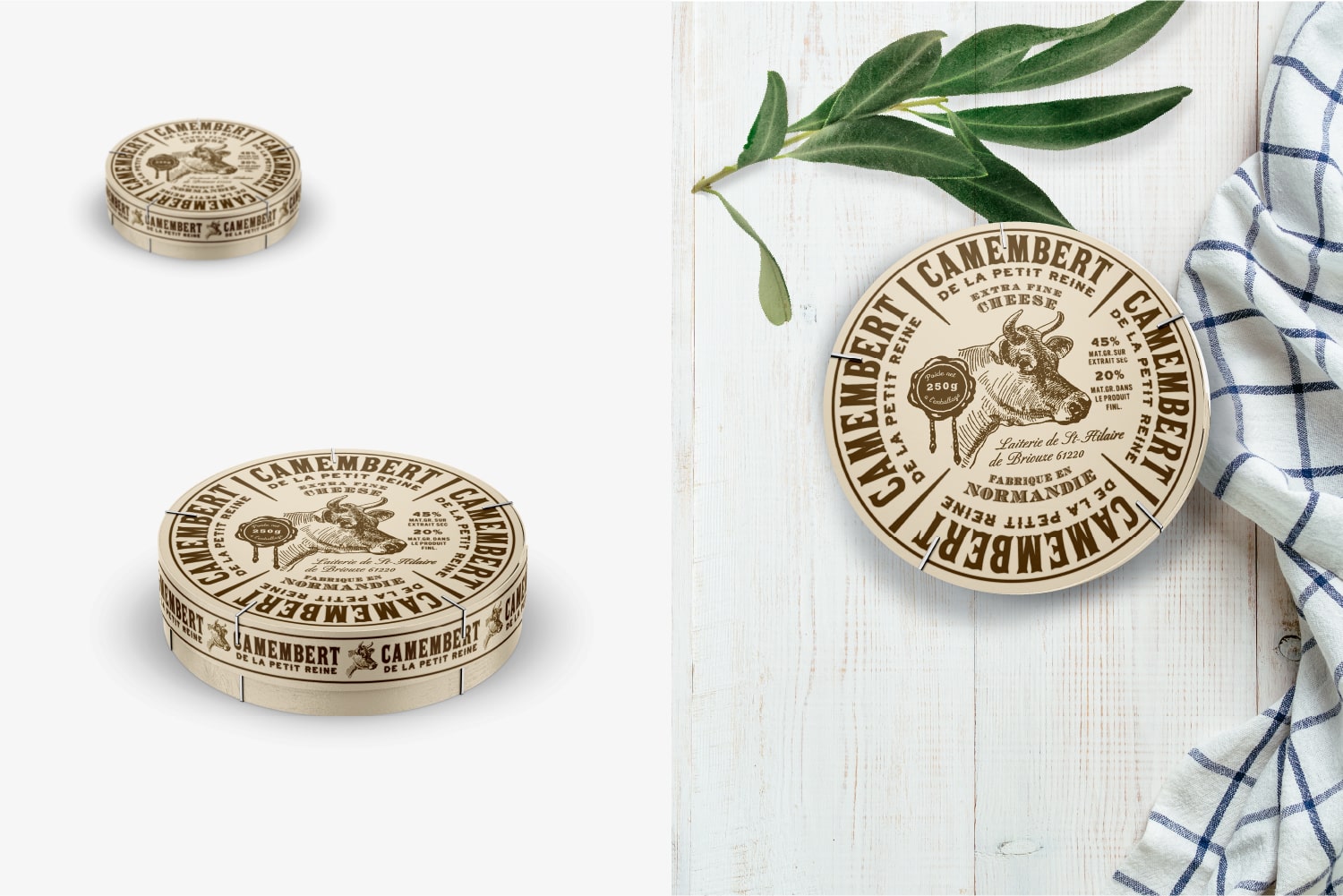Camembert de la Petit Reine extra fine cheese in a wooden round box.
