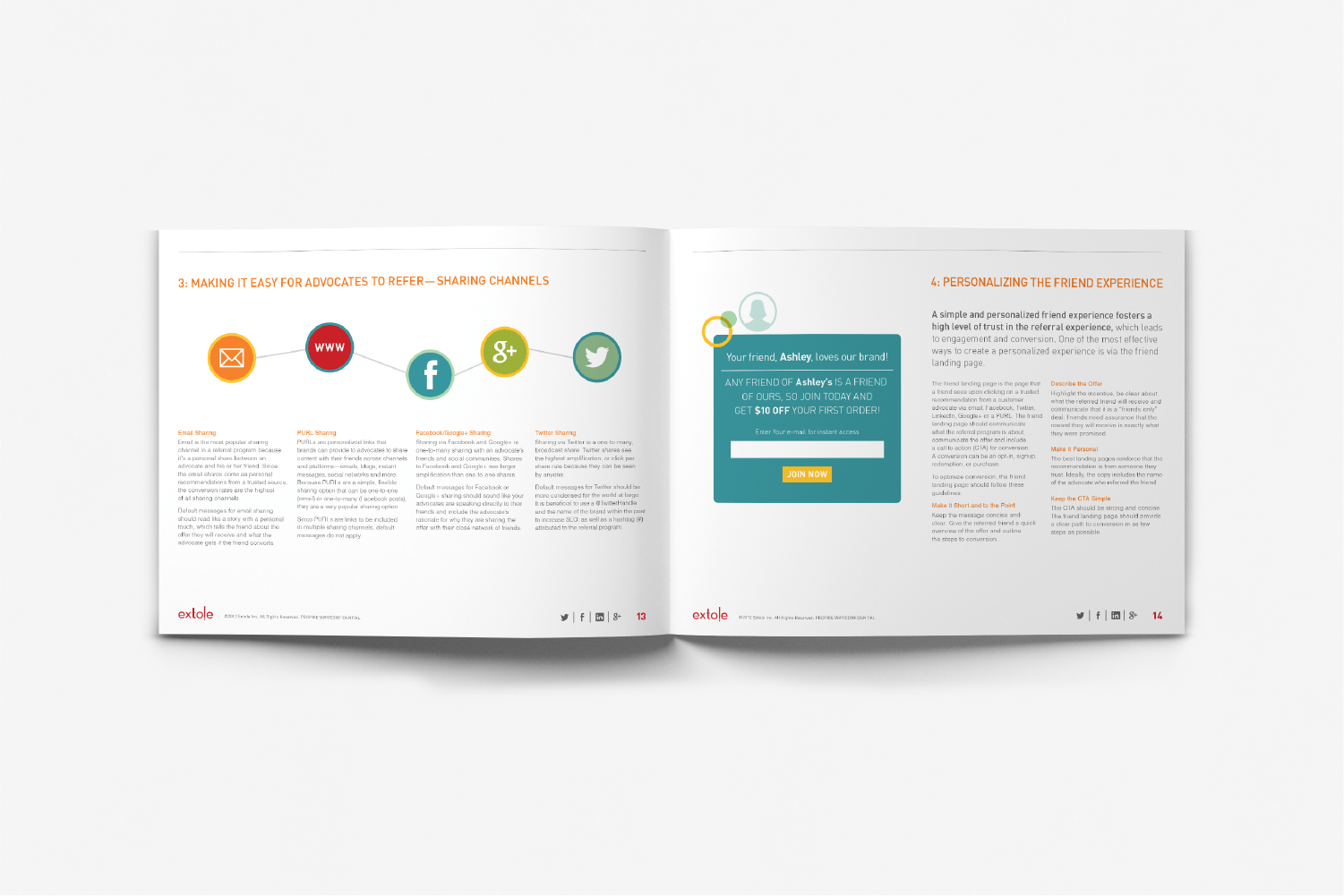 Extole Referral guide spread about making it easier for advocates to refer sharing channels and personalizing the friend experience.
