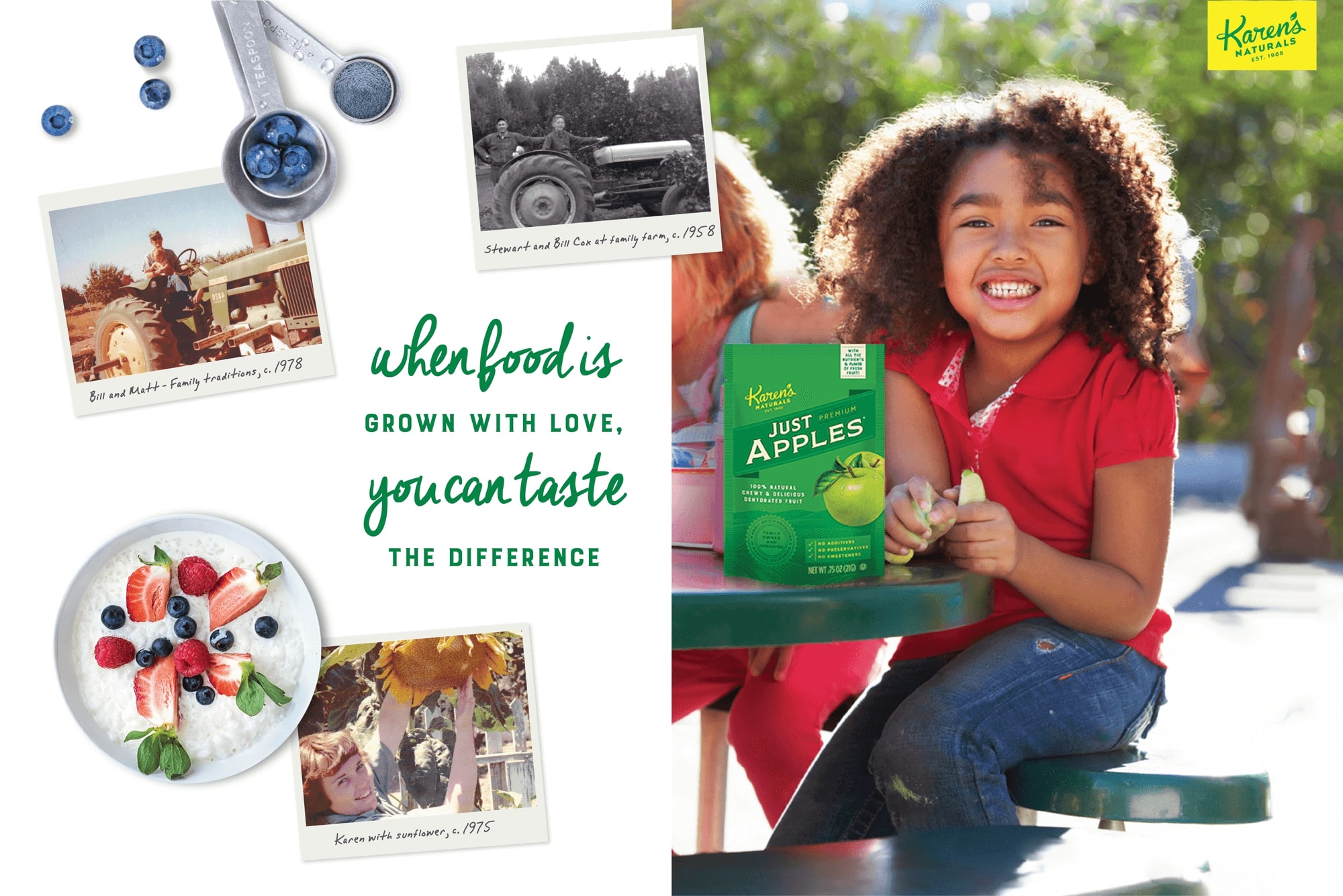 Ad showing a happy child snacking on Karen's Naturals Just Apples. Tagline: When food is grown with love you can taste the difference. 