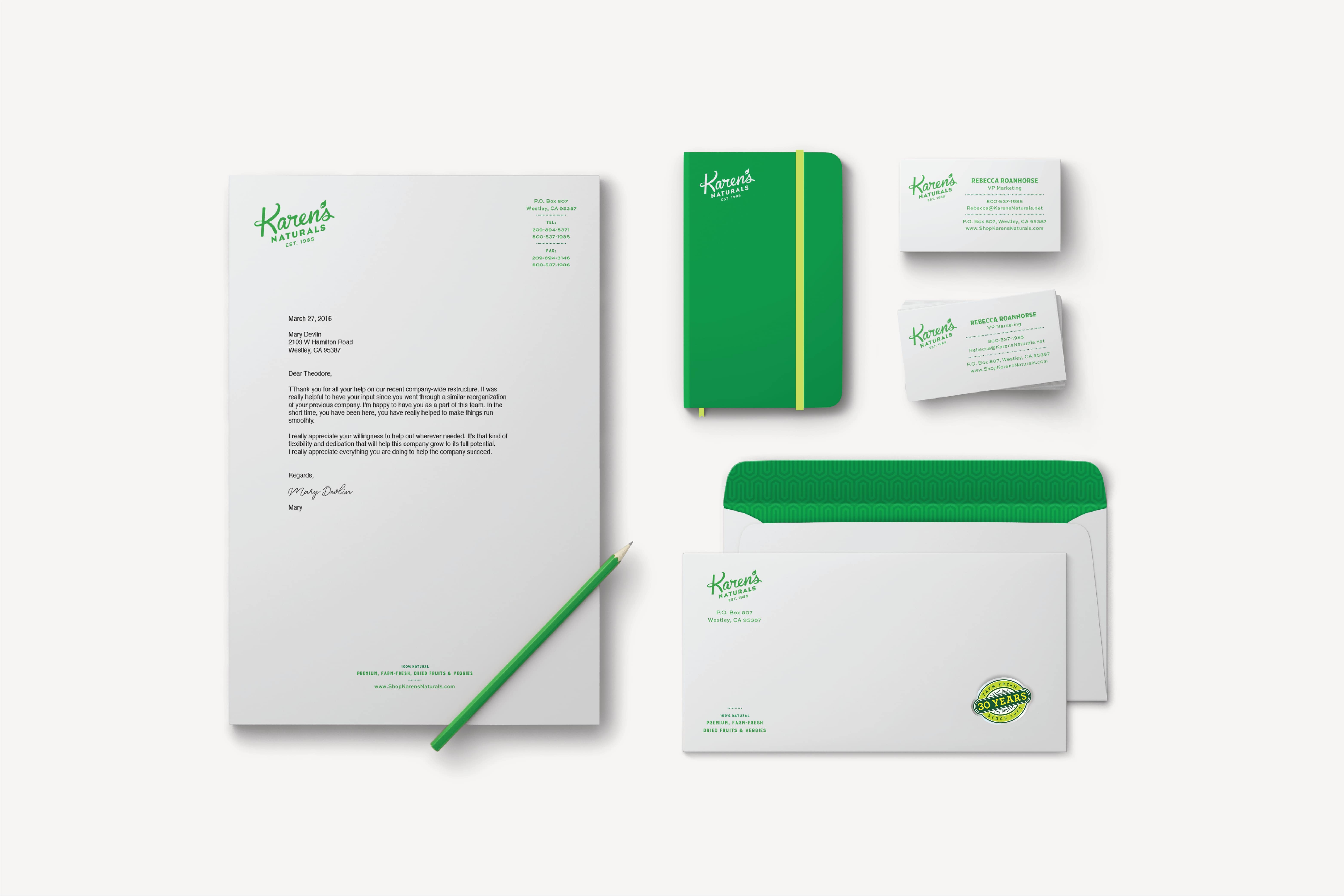 Karen's Naturals stationary and business cards.