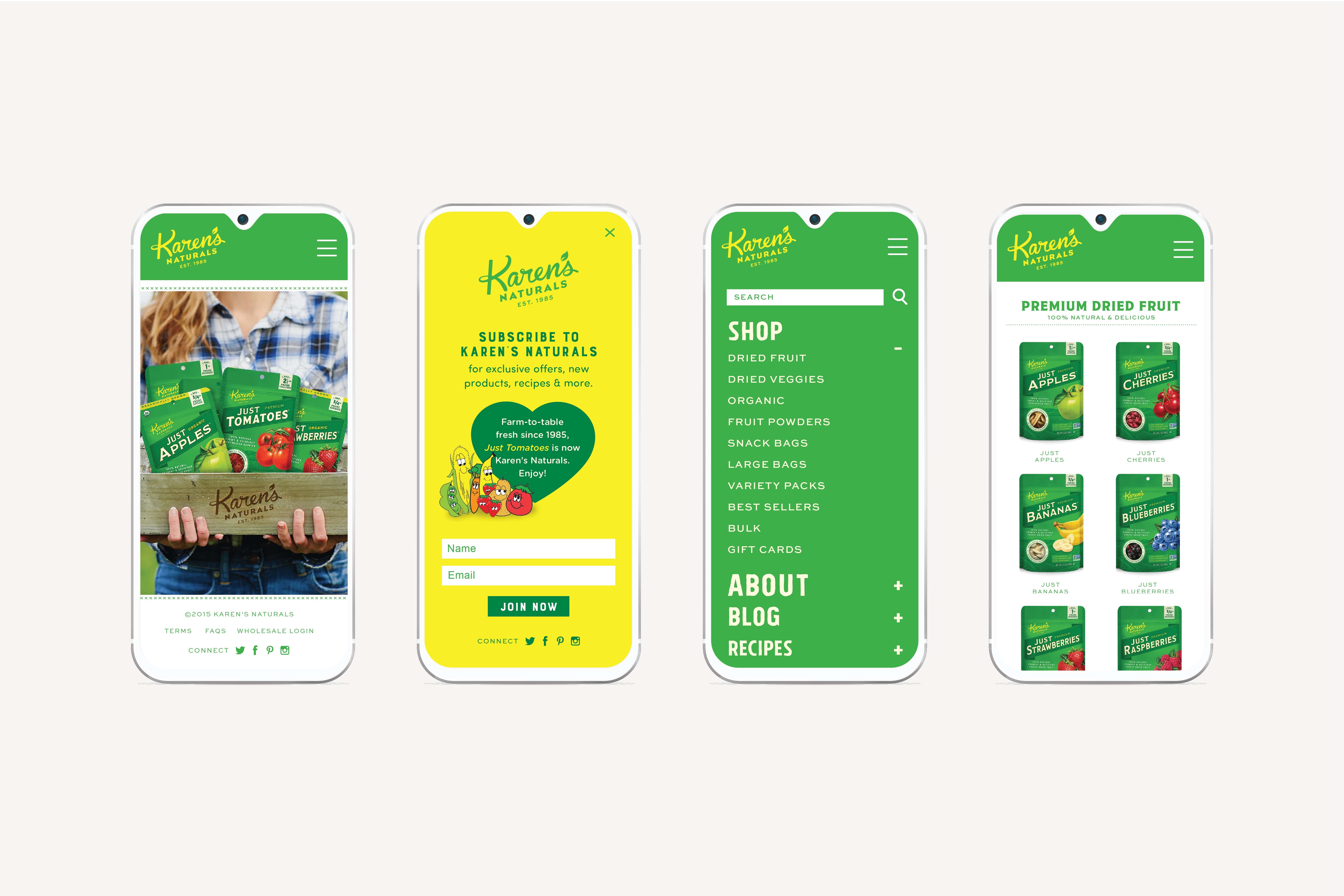 Mobile screens of Karen's Naturals responsive website.