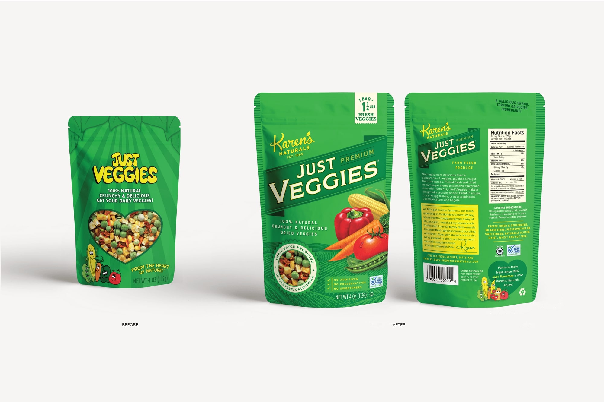 Before and after featuring Karen's Naturals brand and packaging refresh by Juli Shore Design.