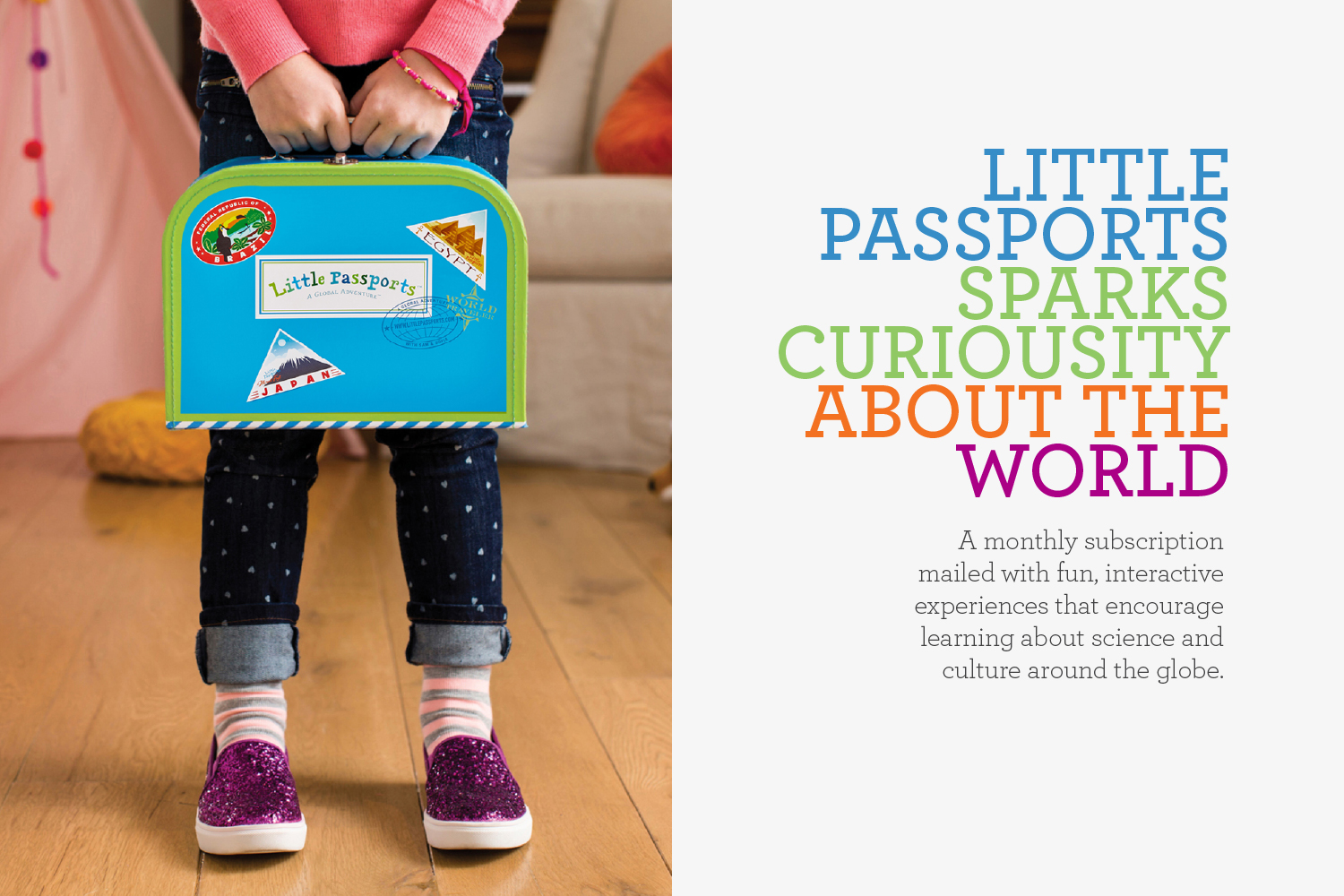 Little Passports customer holding a blue suitcase with headline: Little Passports sparks curiousity about hte world.