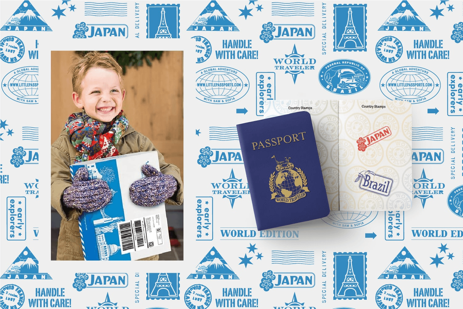 Little Passports Passort featuring on a background stamp pattern.
