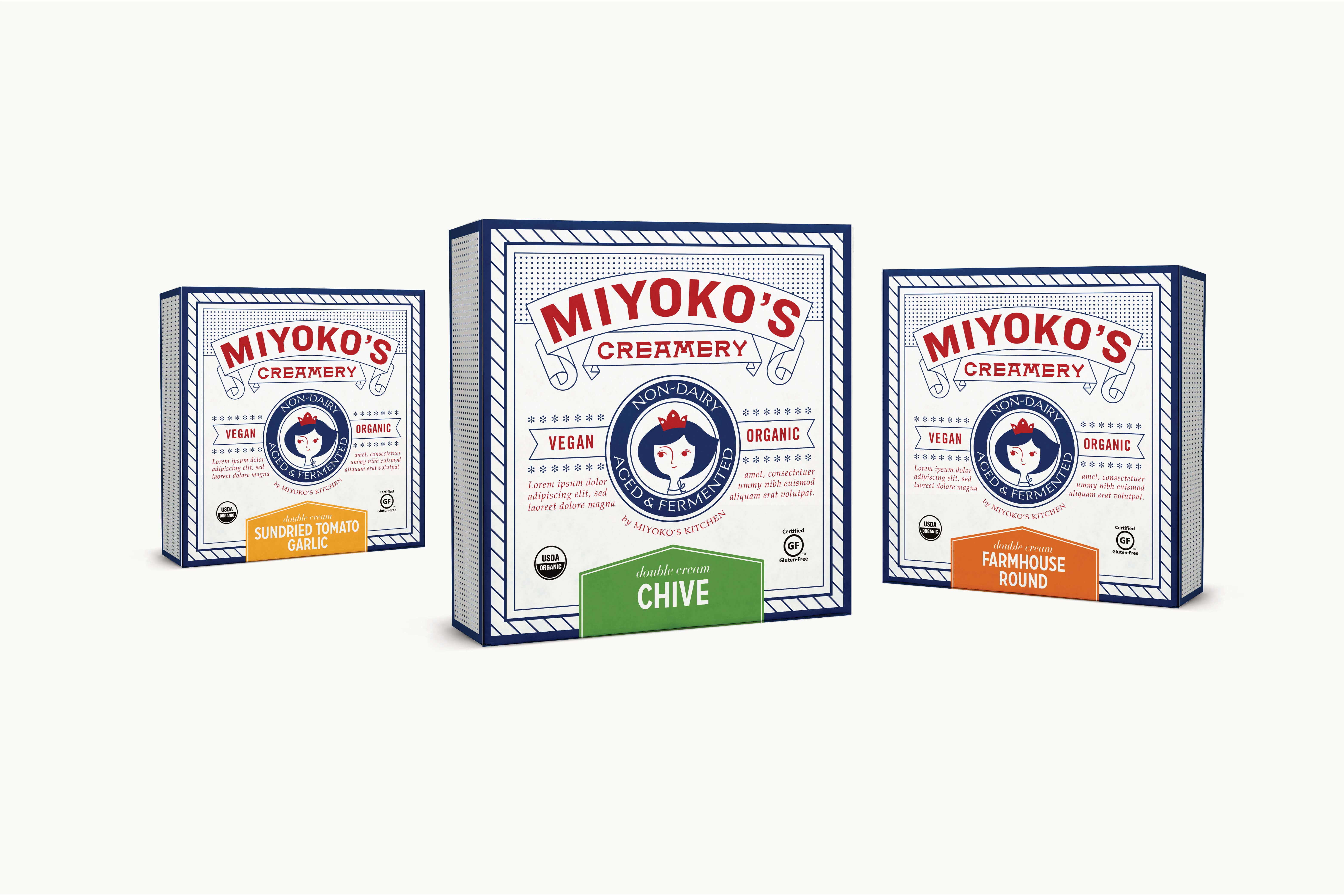 Runner up Miyoko's Creamery packaging design concept featuring a caricature of Miyoko. 