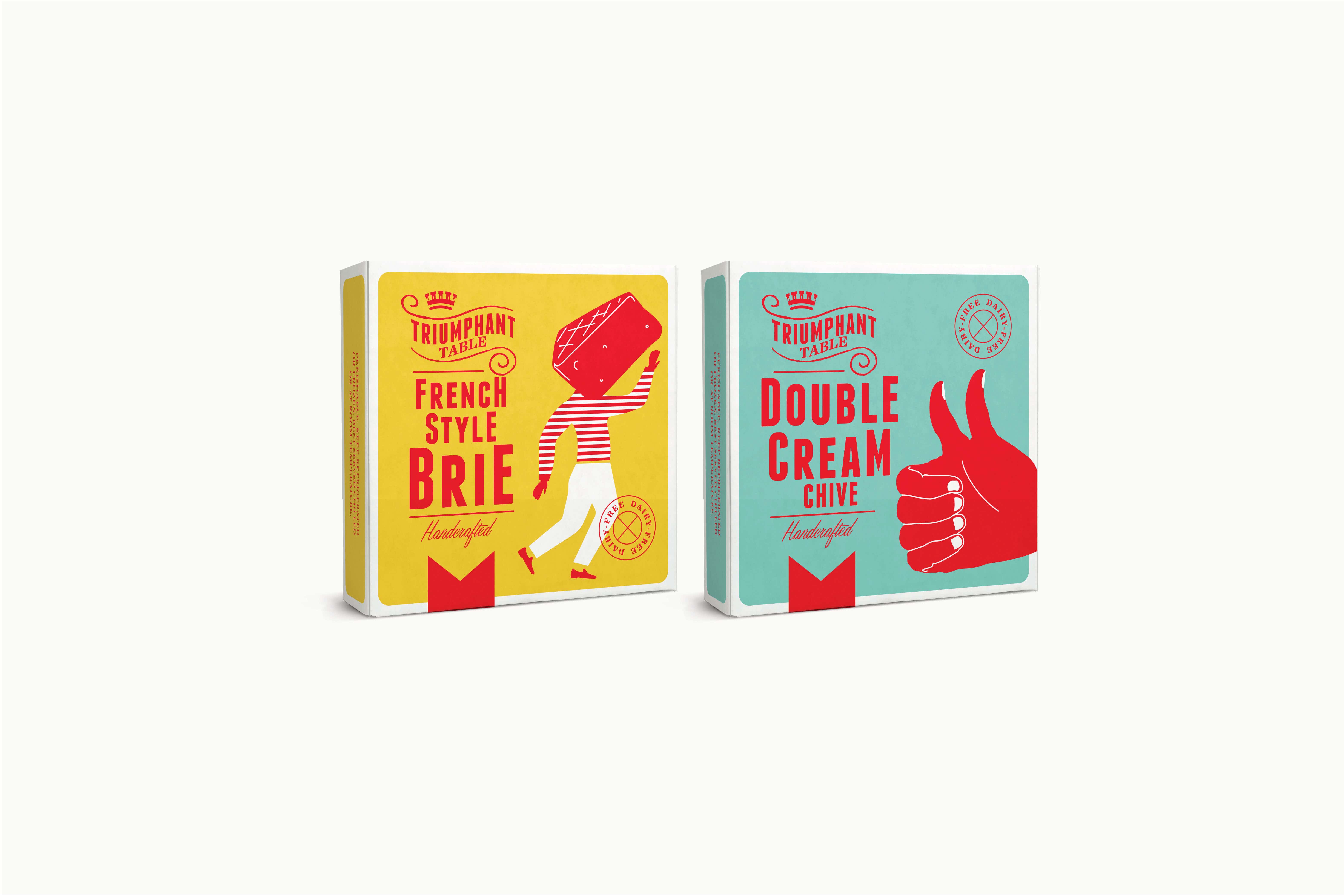 Runner up whimsical style packaging design concept for the original (not) cheese name—Triumphant Table.  
