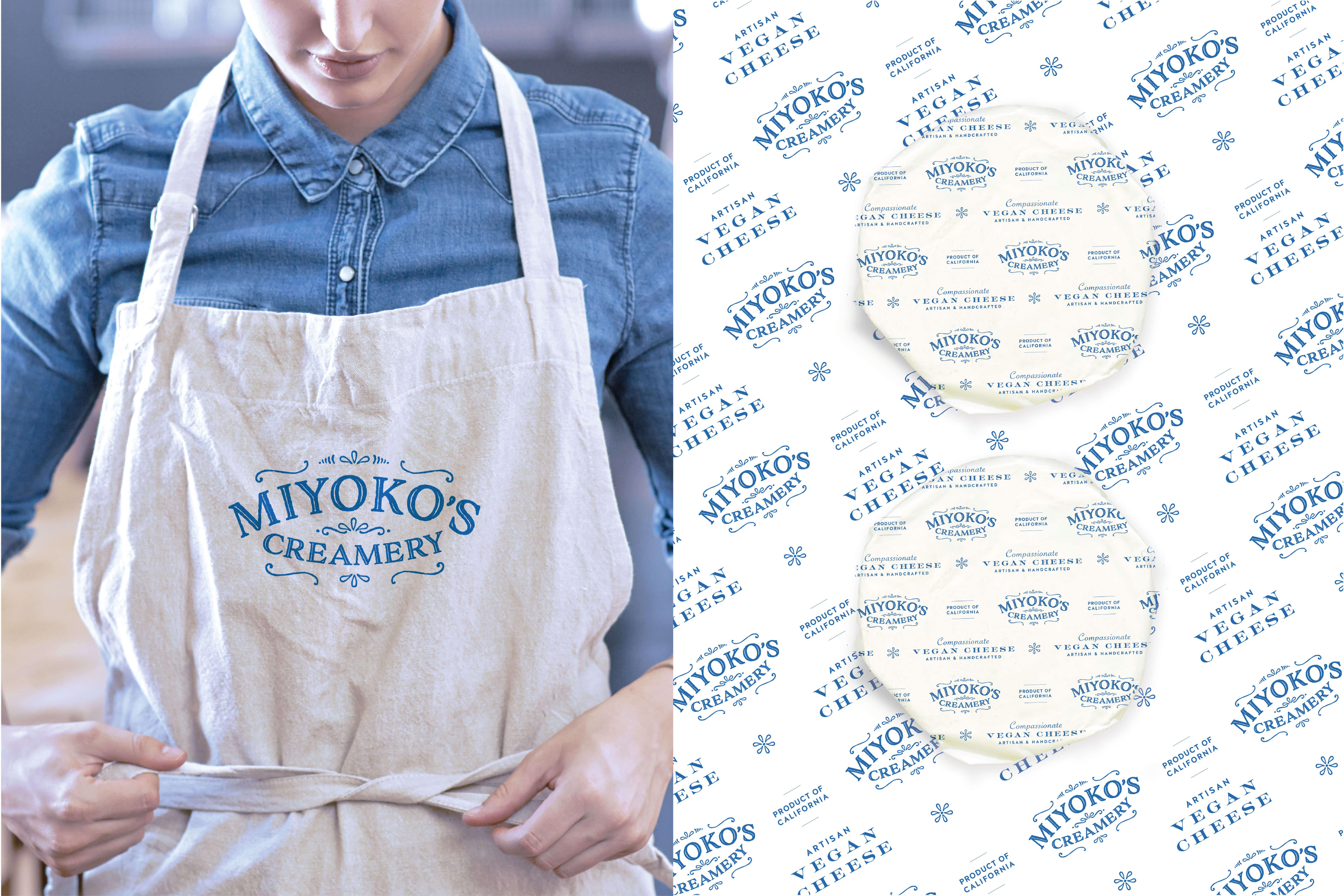 Miyoko's Creamery branded Apron and waxpapper wrapped cheese rounds. 