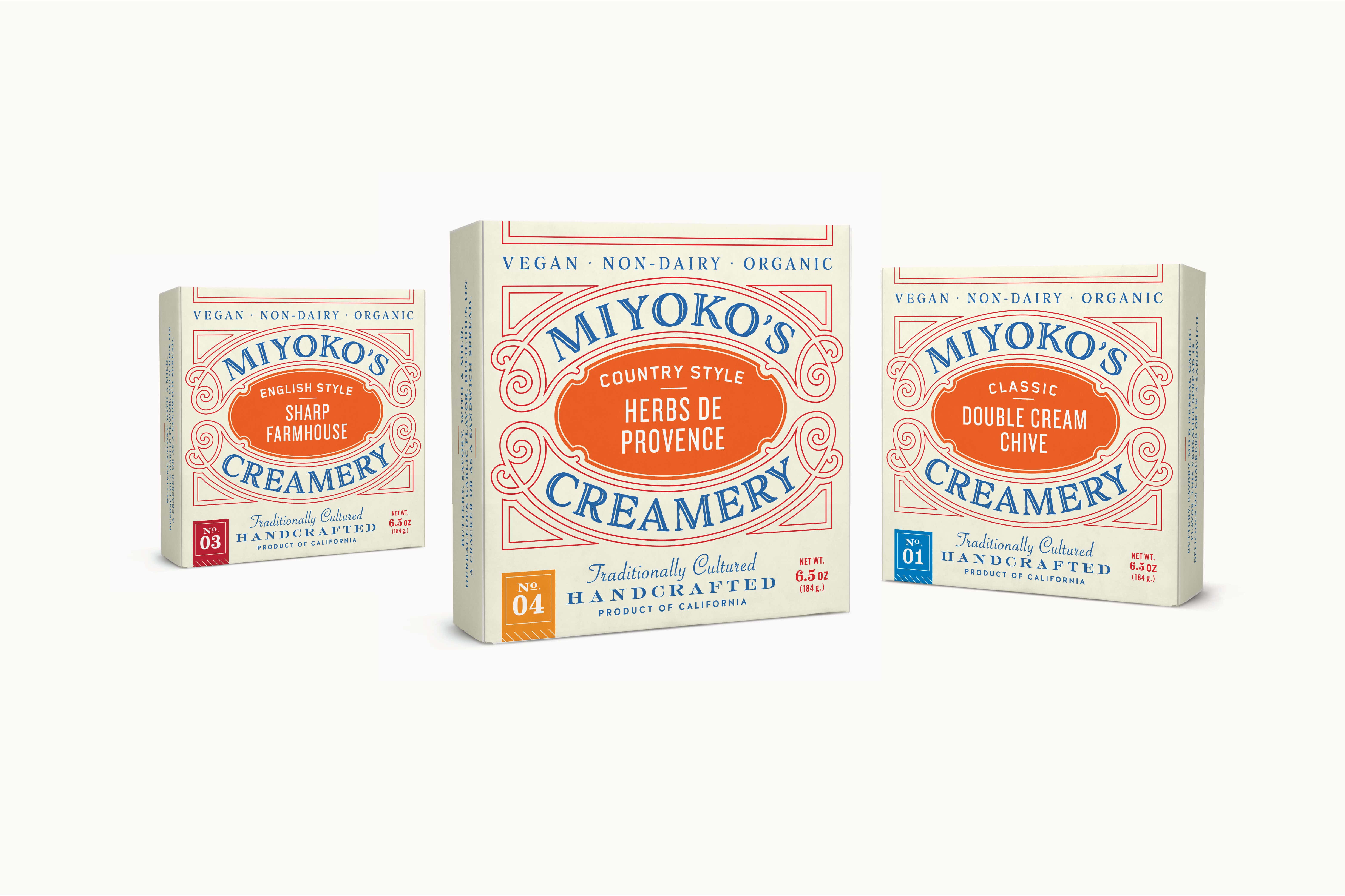 Selected packaging design and branding for Miyoko's Creamery developed by Juli Shore Design. 