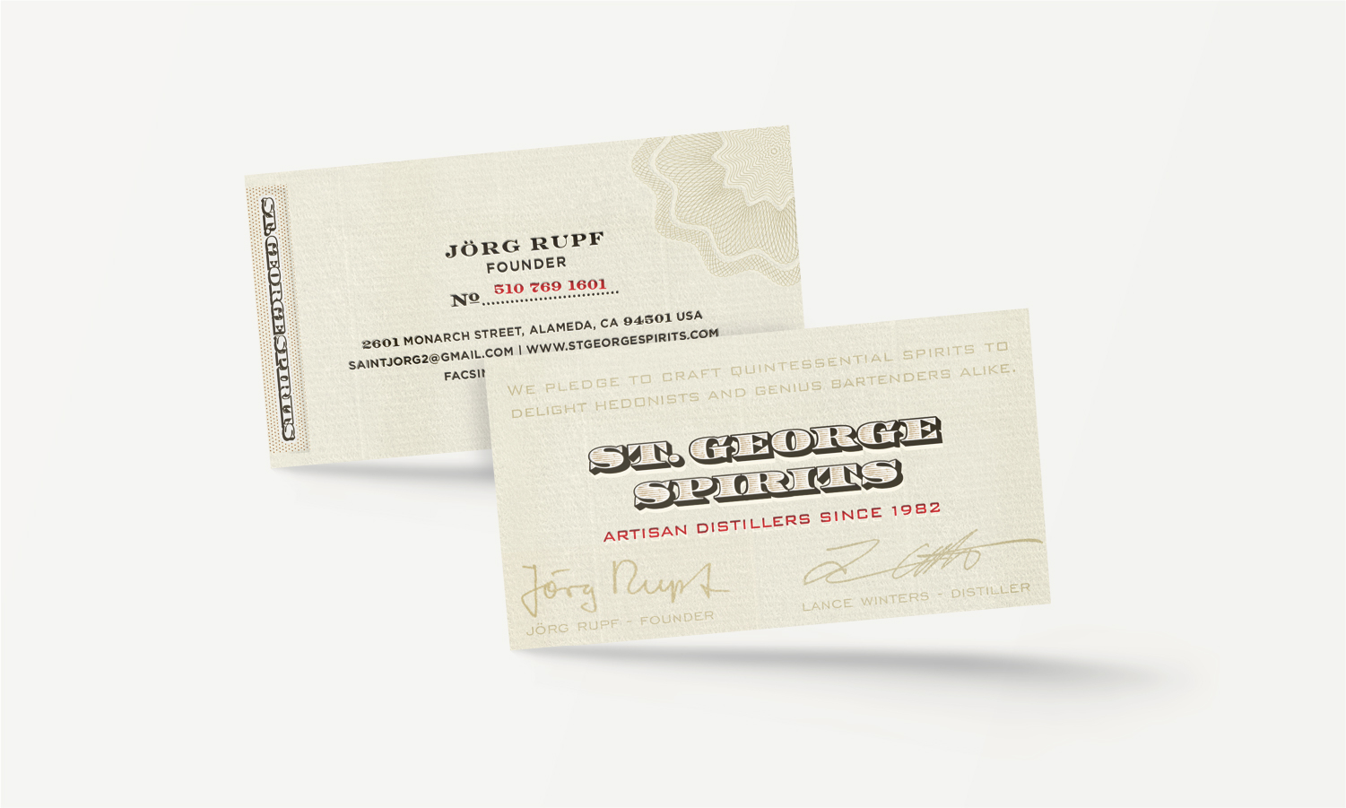 St. George Spirits letterpress business card.