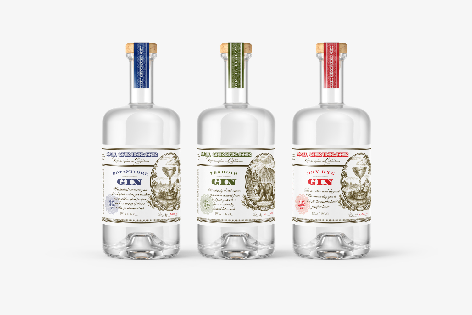 St. George Spirits trio of Gin bottles.