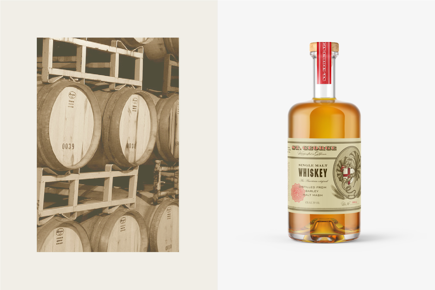 St. George Spirits Single Malt Whiskey bottle and barrels.