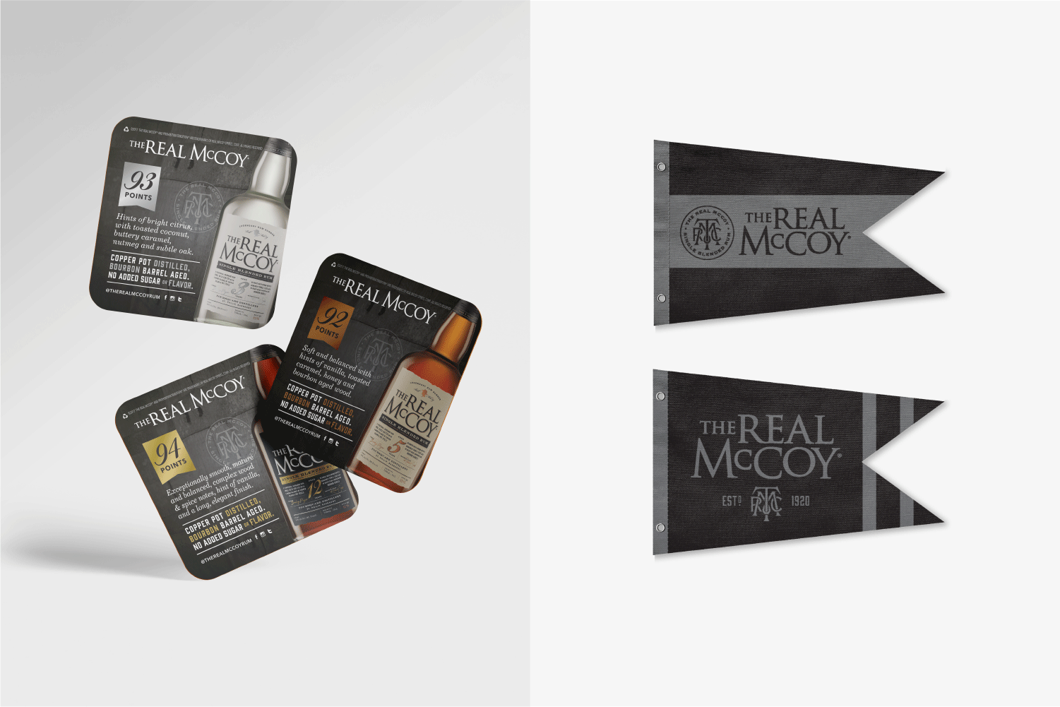 The Real McCoy shelf talkers and burgee flags.
