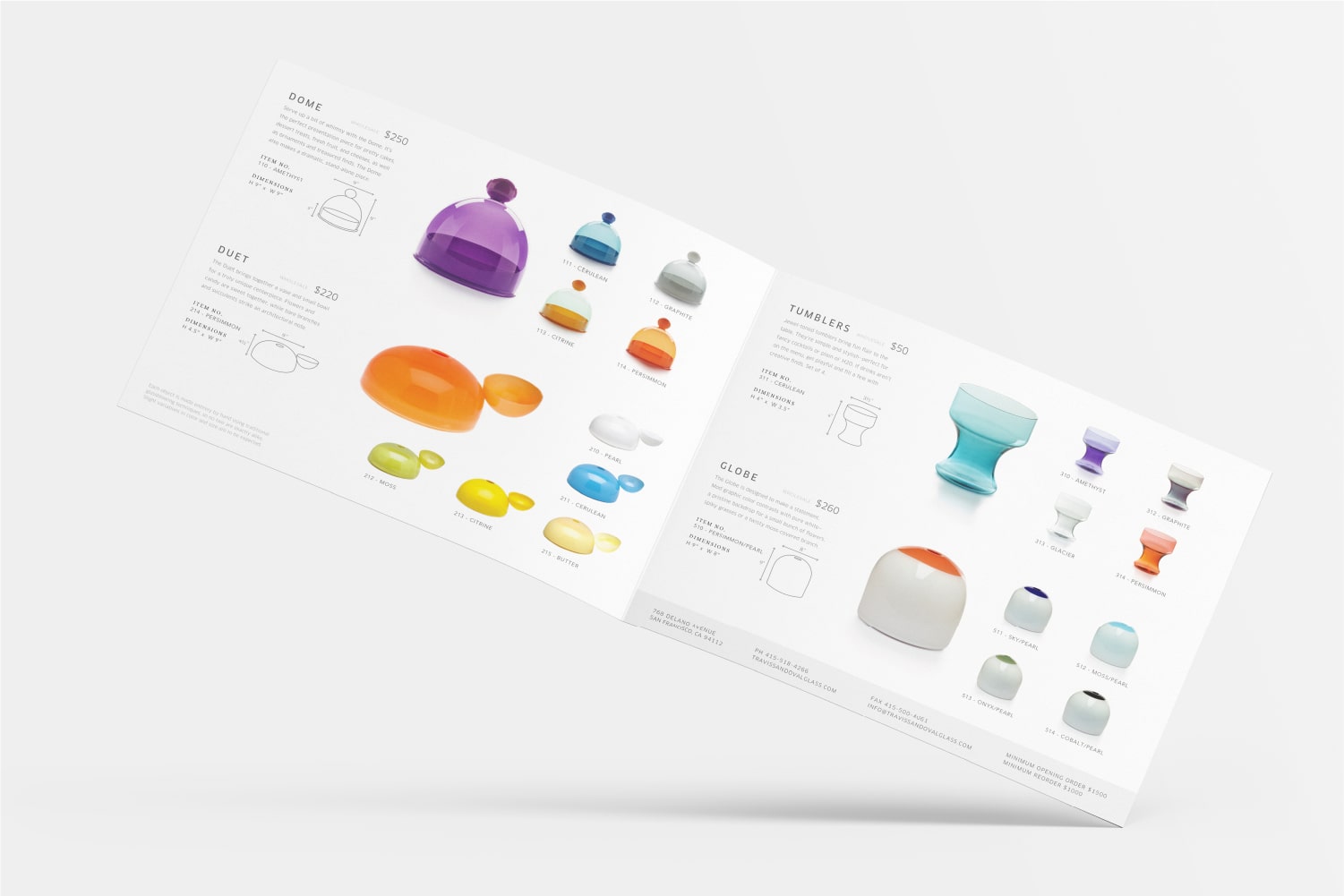 Line sheet, marketing materials, for Travis Sandoval Glass.