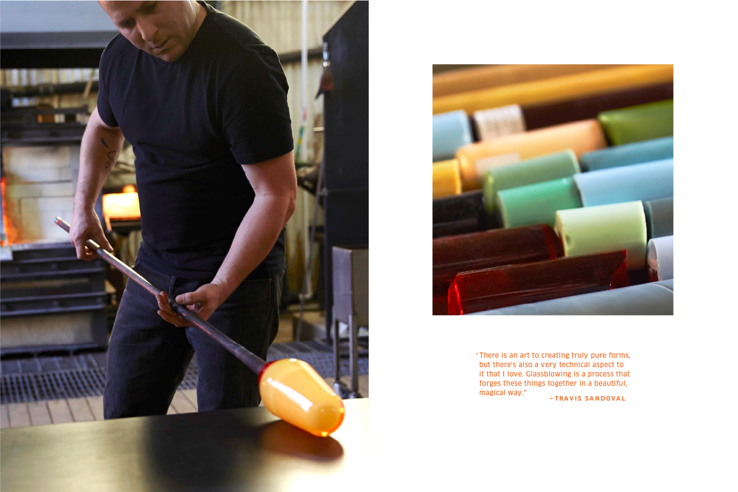 Artisan Travis Sandoval blowing glass in his studio.