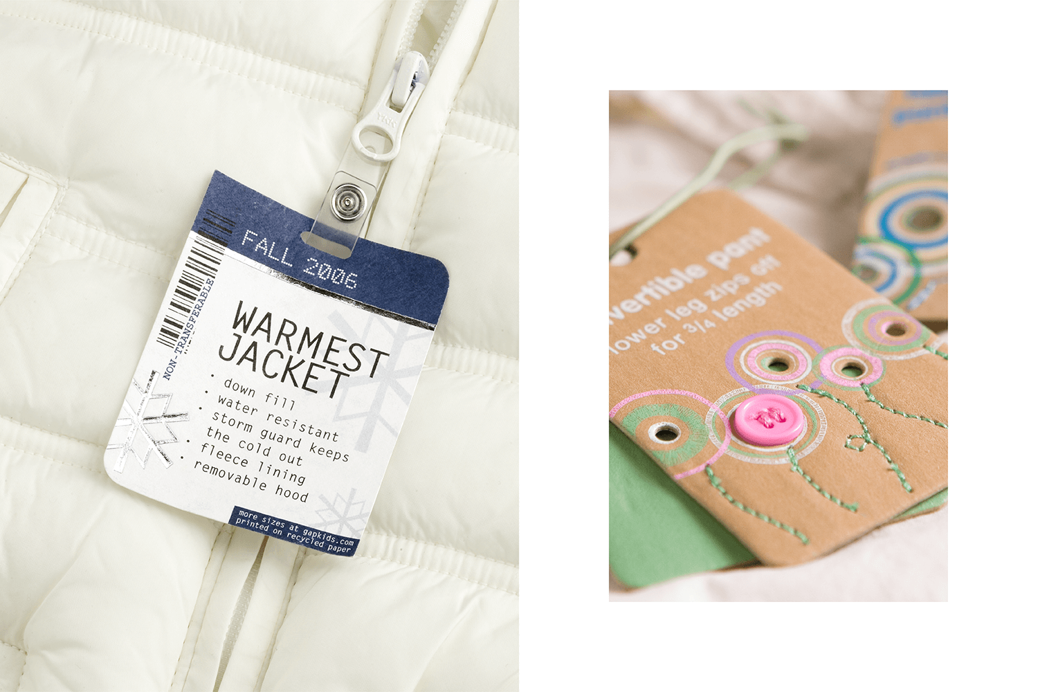 Gap Kids warmmest Winter jacket hangtag and Spring convertible pants hangtag with spare button