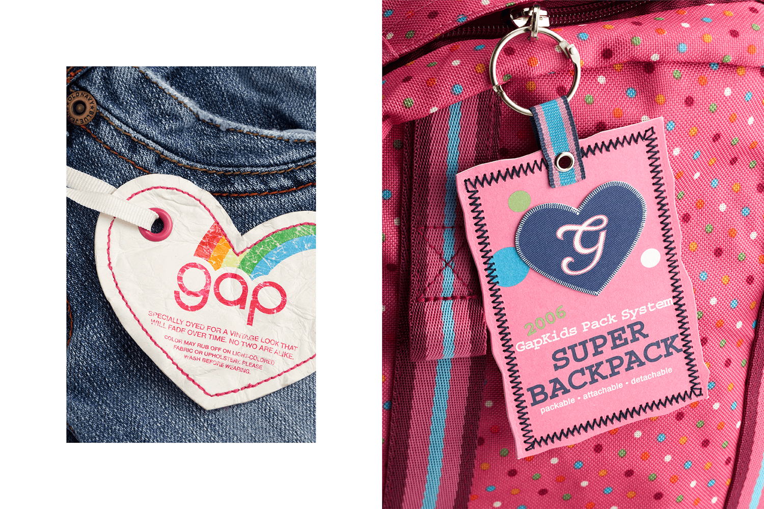 Gap Kids vintage denim hangtag and super backpack hangtag.