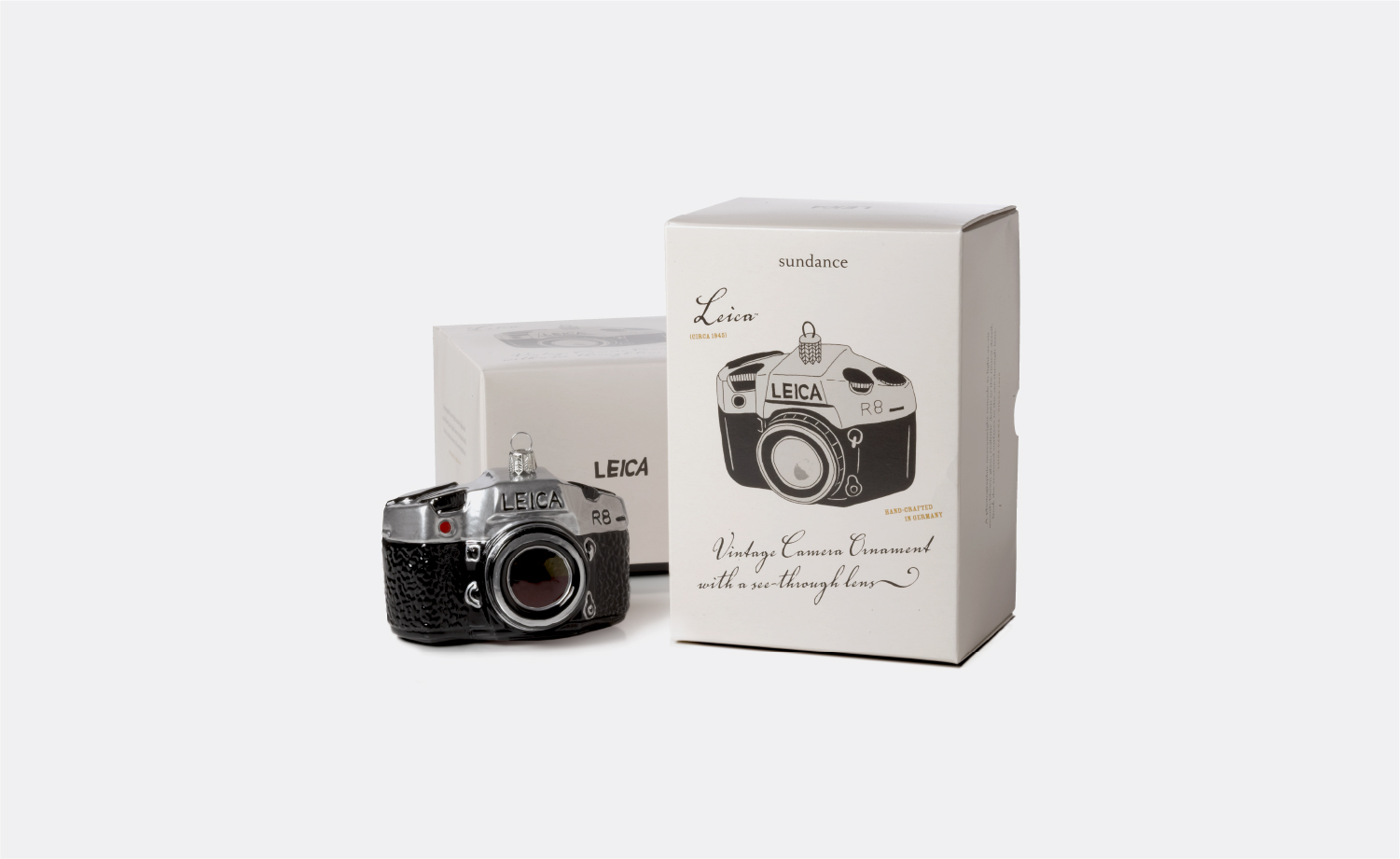 Sundance Catalog Co. Leica blown glass Holiday ornament packaging.