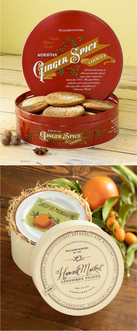 Williams Sonoma Moravian Ginger Spice Cookie packaging and Harvest Market packaging. Design and photo creative direction by Juli Shore Design